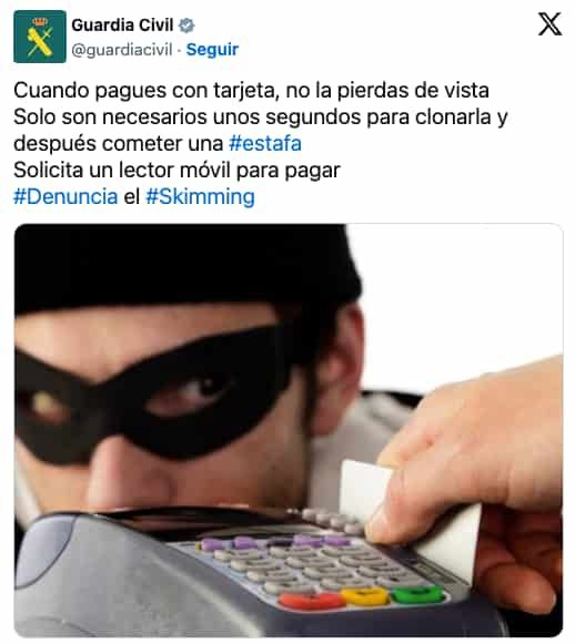 Tweet de la Guardia Civil alertando de la estafas con las tarjetas