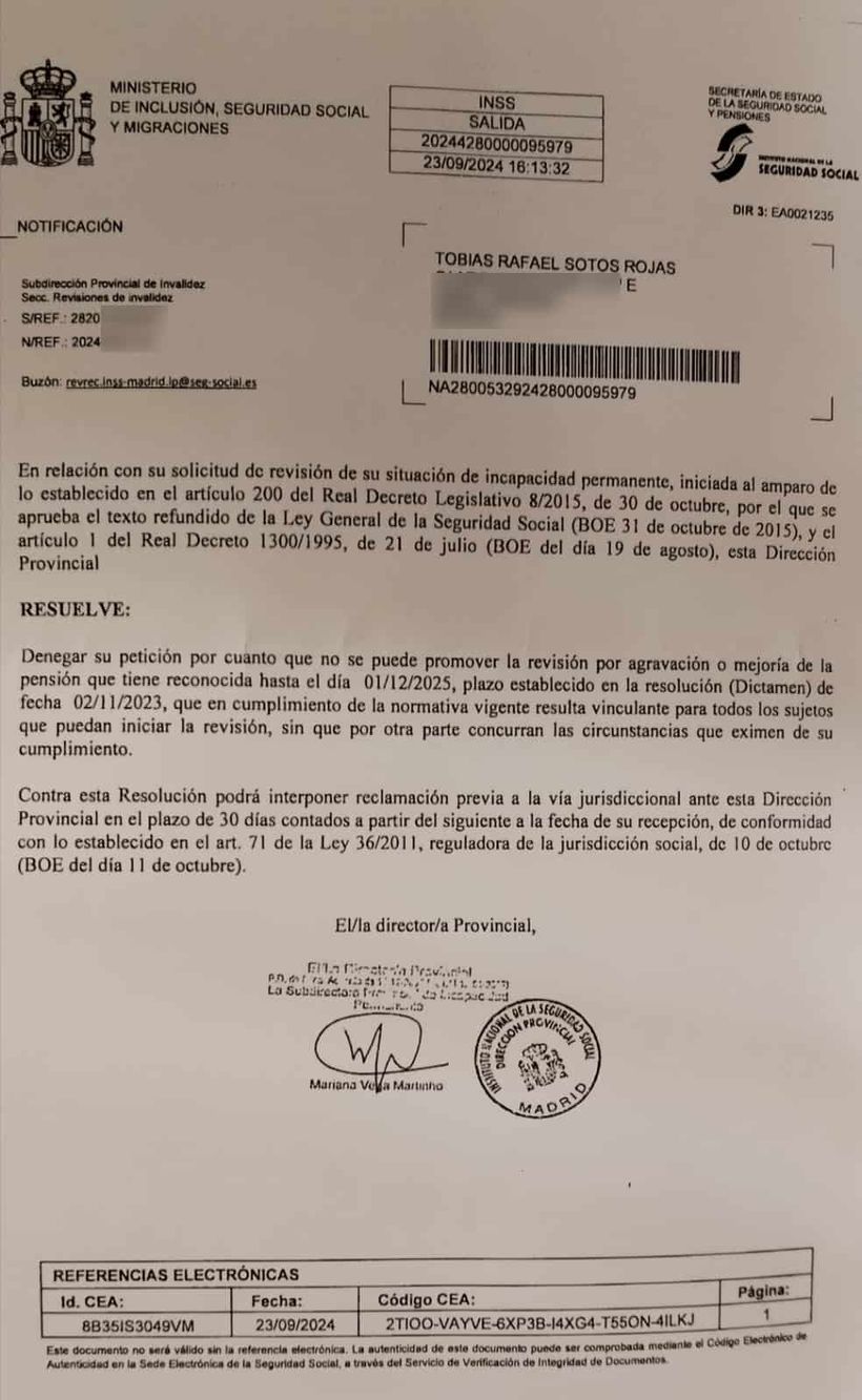 Resolución de la Seguridad Social de Tobias Soto Rojas