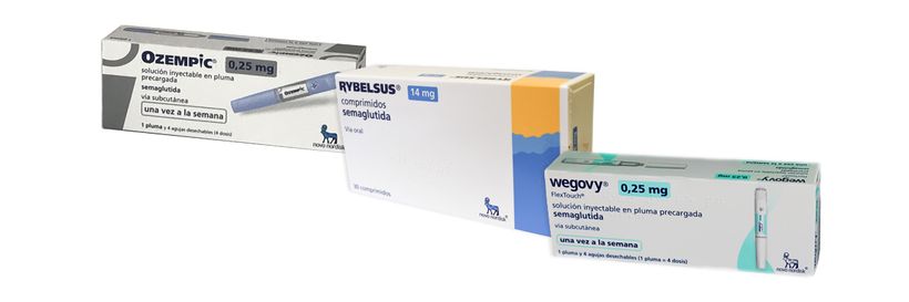 cajas de medicamentos Ozempic, Rybelsus y Wegovy