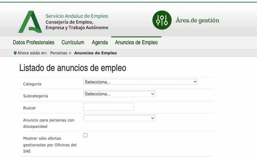 captura del portal de empleo del SAE