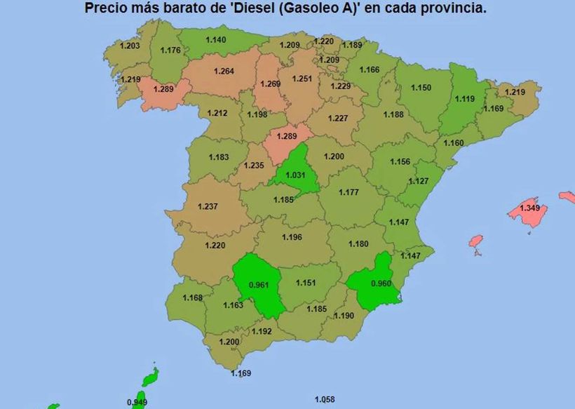 Precio medio de la diesel por provincias