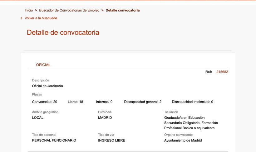 Captura con la convocatoria de jardineros