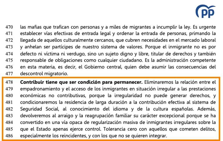 Ponencia política del PP en la que piden eliminar las ayudas a los inmigrantes