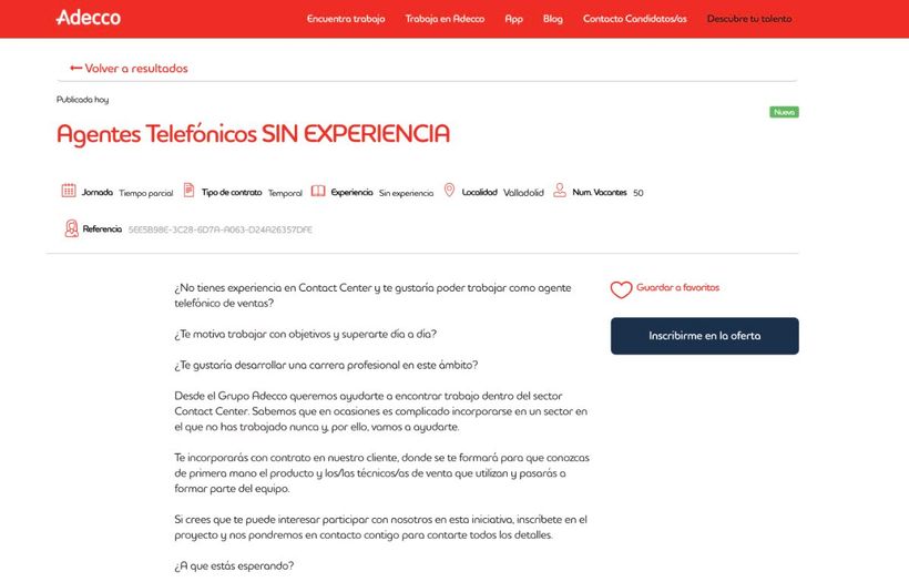 Captura de la oferta de empleo de Adecco para teleoperadores