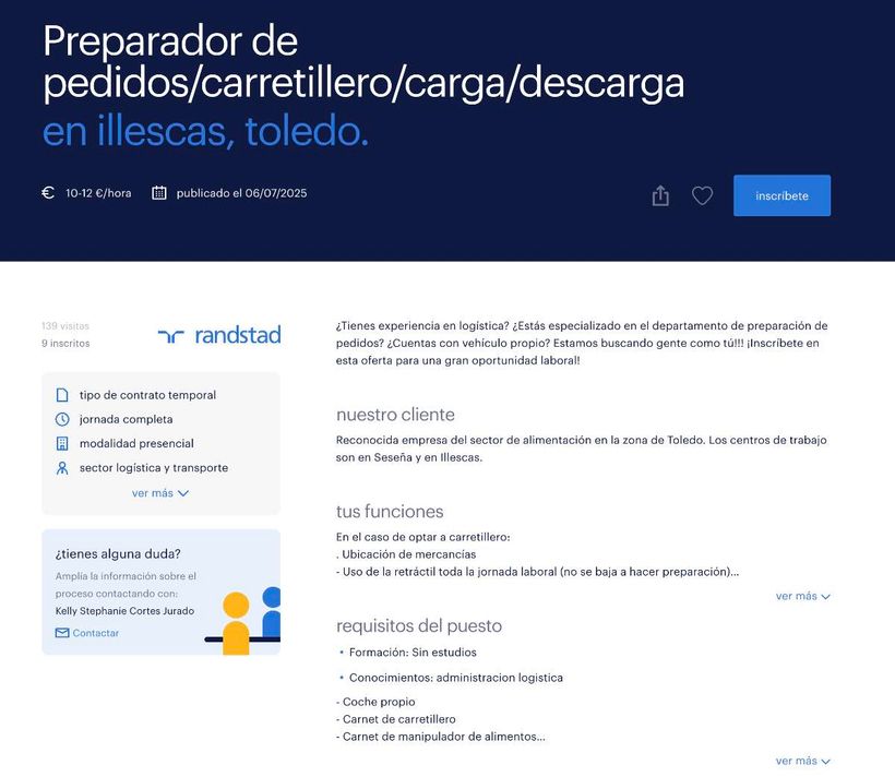 Captura con la oferta de empleo de preparadores de pedidos en Randstad