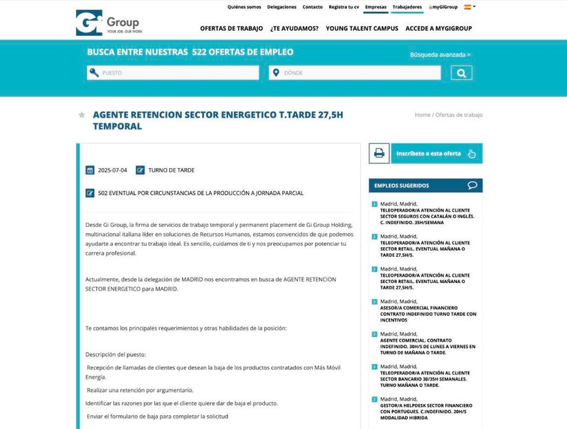 Captura de las vacantes de Gi Group para agentes de retención
