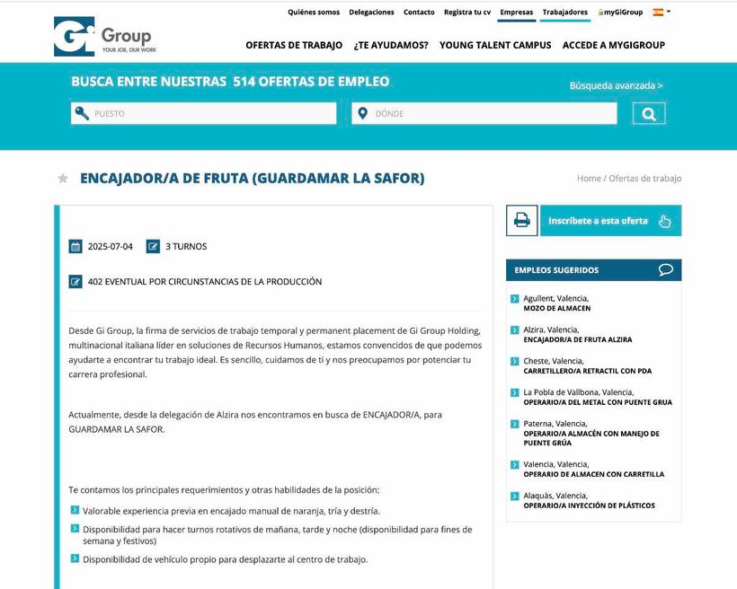 Captura con la oferta de empleo de encajadores de fruta