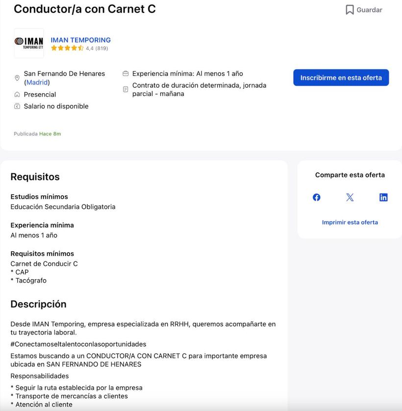 Captura con las vacantes para conductores en IMAN