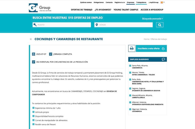 Canal de empleo de Gi Group, oferta de camareros