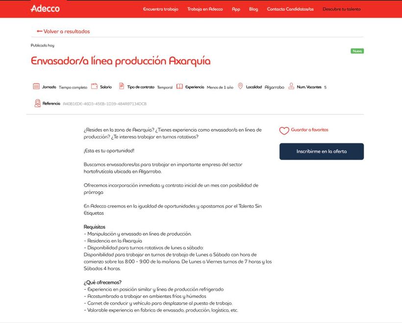 Captura con la oferta de envasadores en Adecco