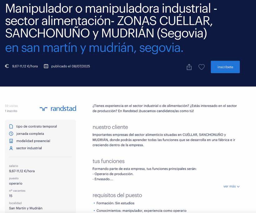 Captura con las vacantes de manipuladores en Randstad
