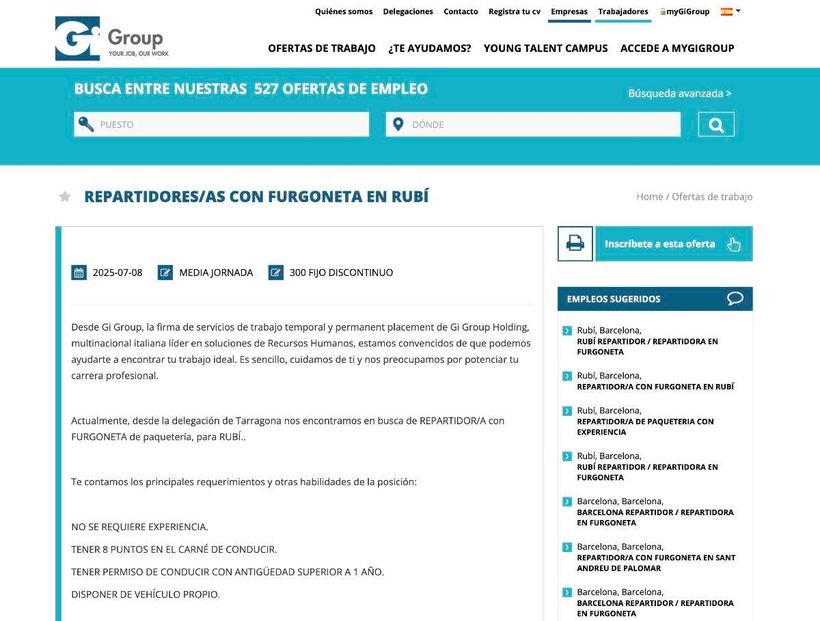 Captura con la oferta de empleo de repartidores en Gi Group