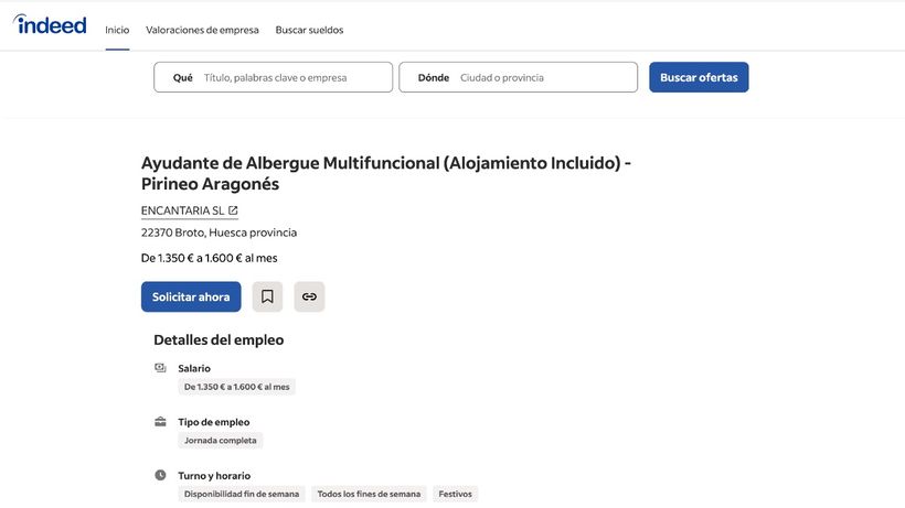Captura de pantalla con la oferta de empleo de Indeed