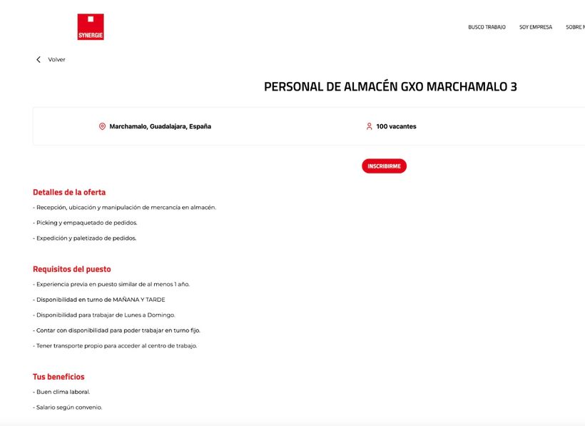 Captura de la oferta de empleo de Synergie