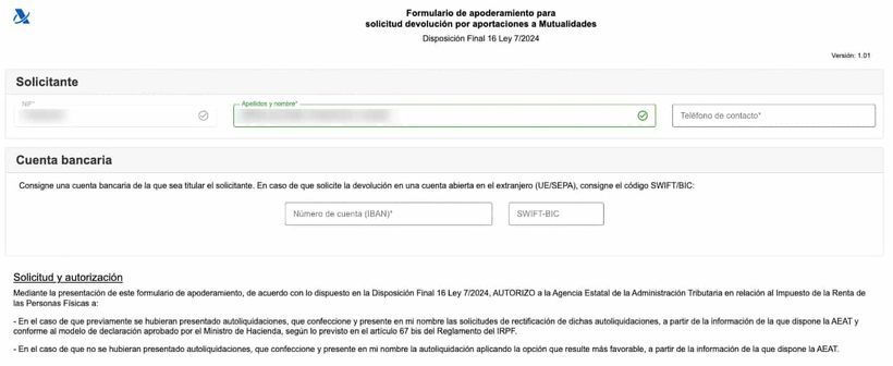 Formulario para soilictar la devolución a Hacienda