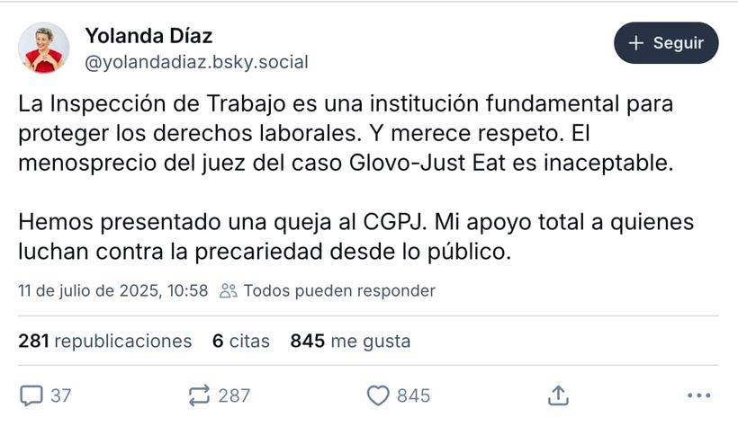 Post de la denuncia de Yolanda Díaz en BlueSky