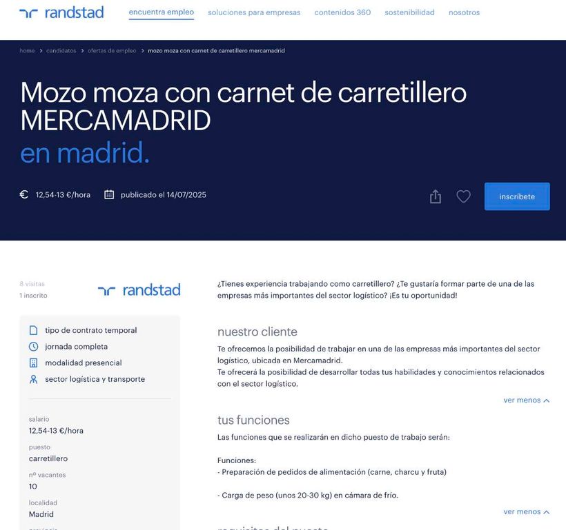 Captura con el empleo de Randstad en Mercamadrid
