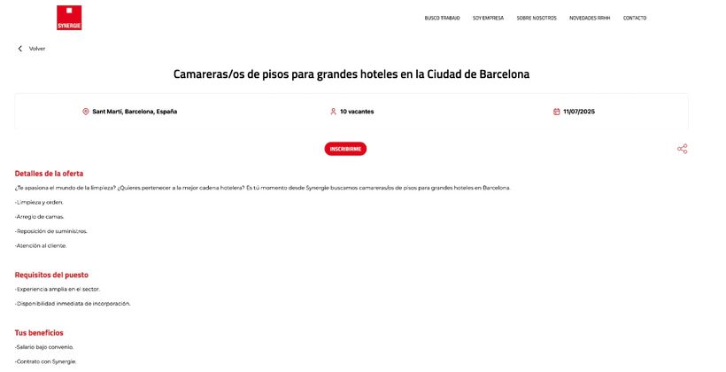 Captura con las vacantes de limpieza en Synergie