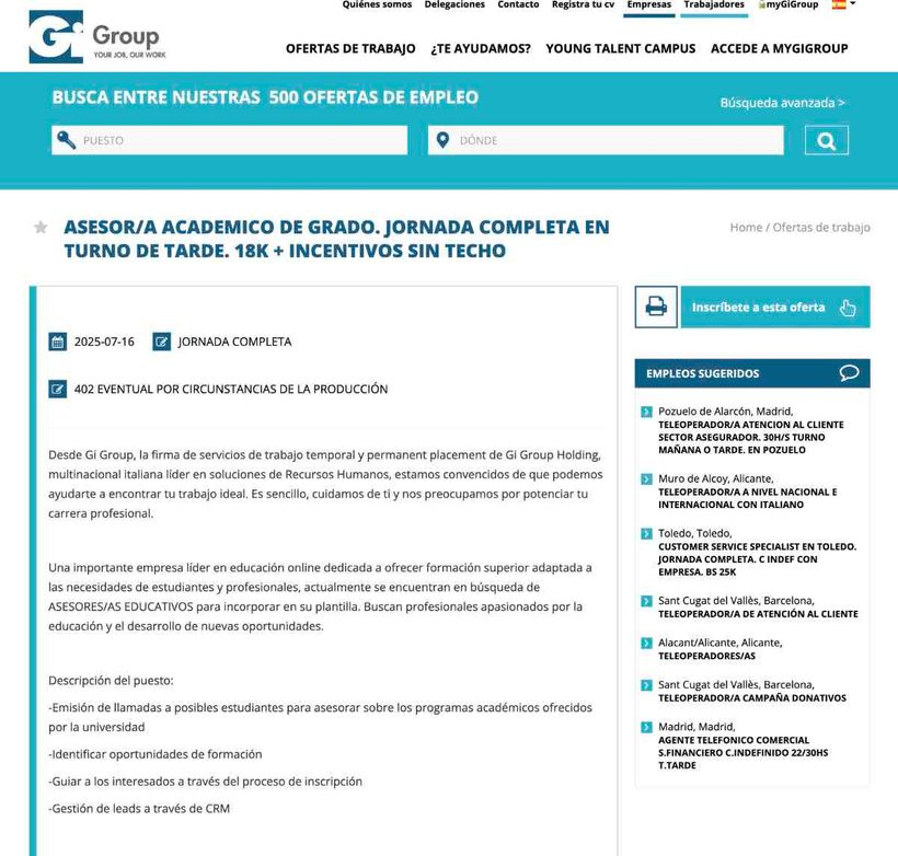 Captura de la oferta de asesores académicos