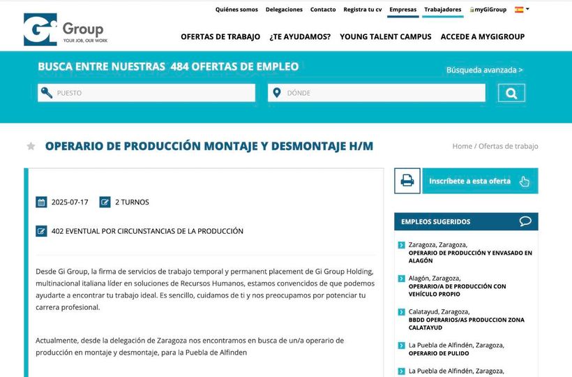 Captura de la oferta de operarios en Gi Group