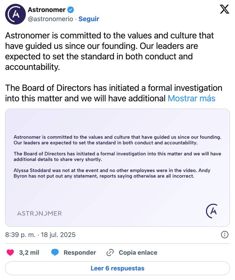 El comunicado de Astronomer publicado en X