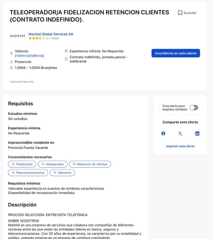 Captura de empleo para teleoperadores en Valencia