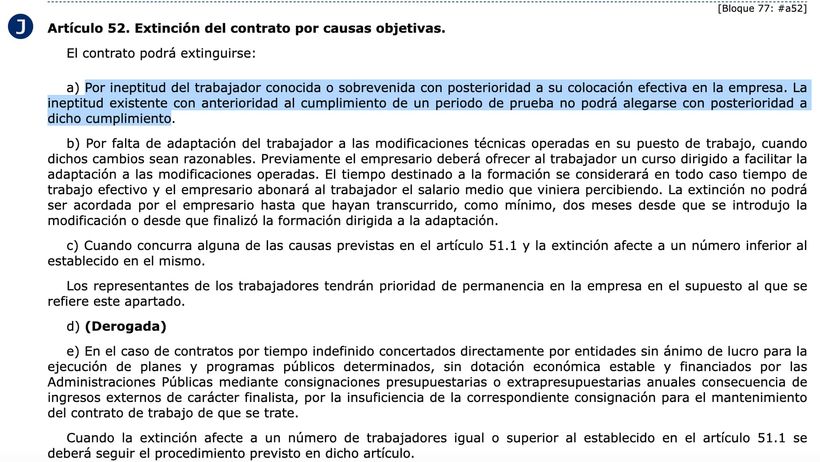 Artículo 52 del Estatuto de los Trabajadores