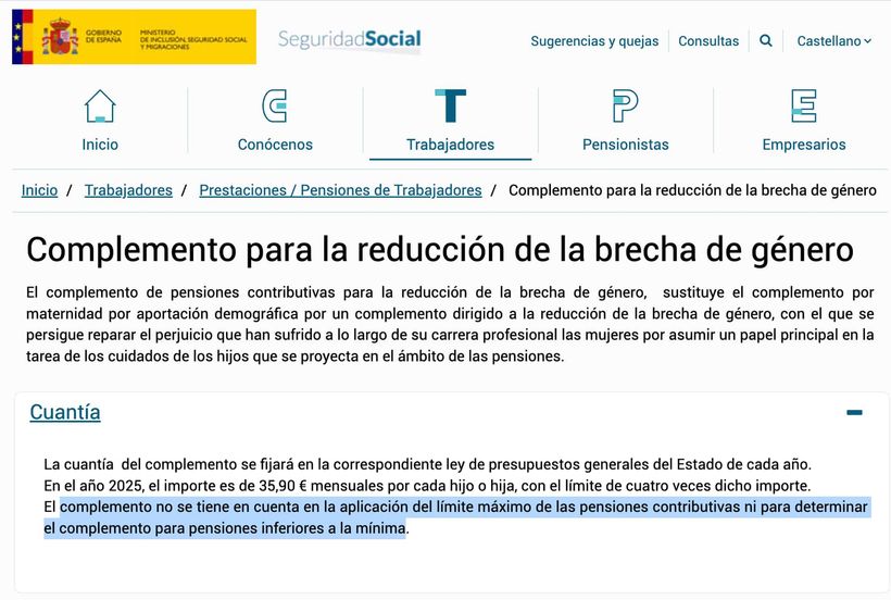 Captura de la web de la Seguridad Social, complemento brecha género para la pensión máxima
