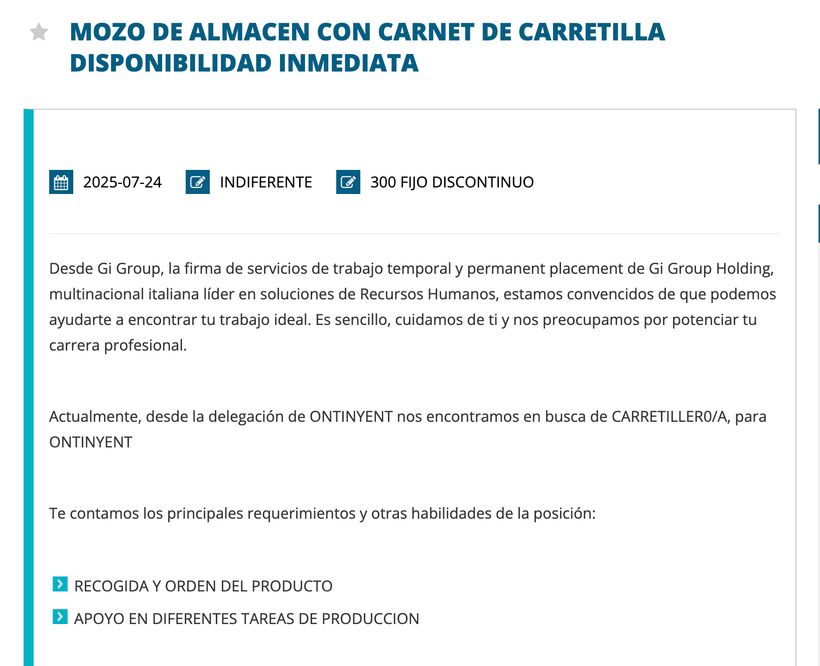 Captura de pantalla de la oferta de empleo