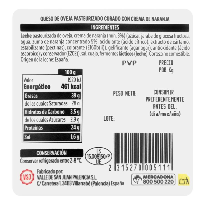 valores queso curado Mercadona