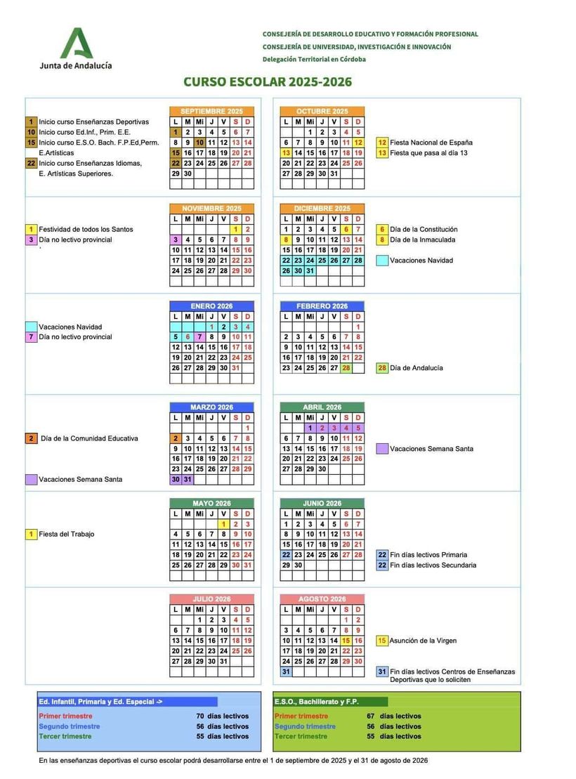 Calendario escolar en Andalucía 2025-2026