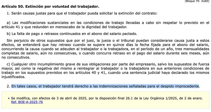 Artículo 50 del Estatuto de los Trabajadores