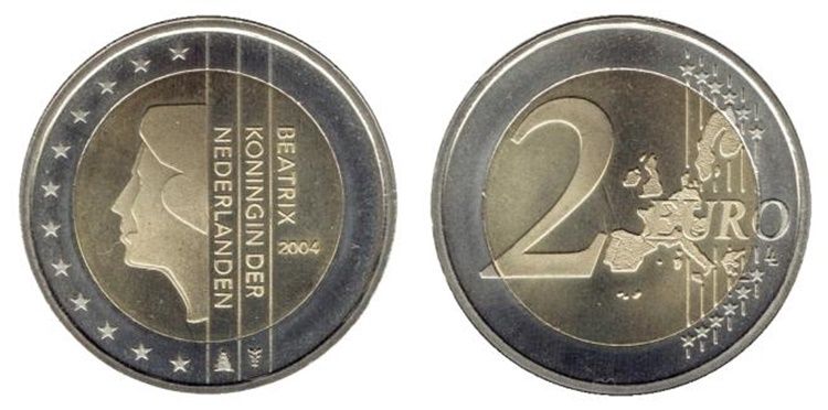 moneda de 2 euros de los Países Bajos, acuñada en 2004, con el perfil de la Reina Beatriz - Ucoin
