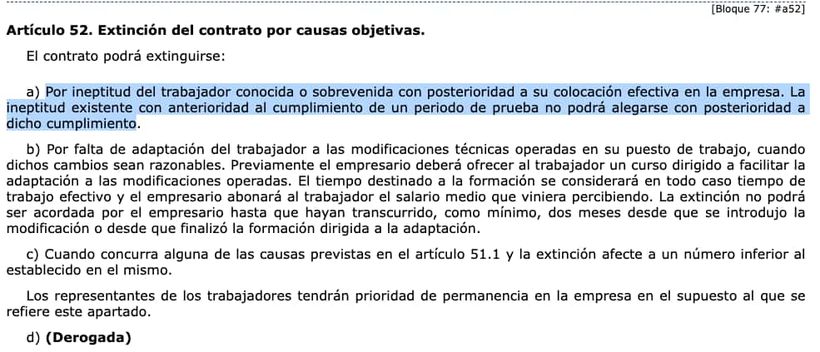 Despido objetivo por ineptitud sobrevenida recogida en el Estatuto de los Trabajadores