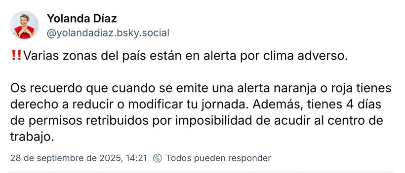 Mensaje de Yolanda Díaz a través de redes sociales