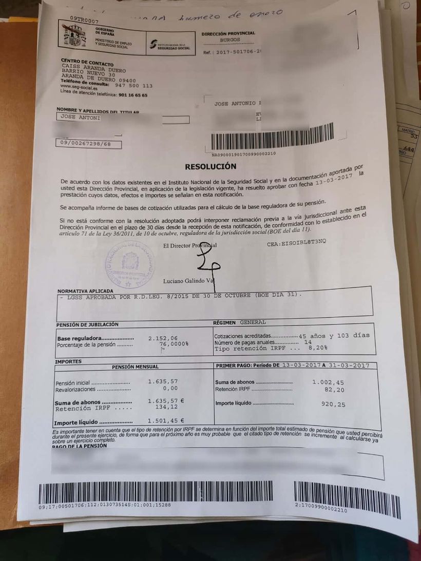 Resolución de la pensión de jubilación de la Seguridad Social