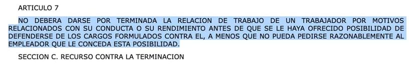 artículo 7 del Convenio 158 de la Organización Internacional del Trabajo (OIT)