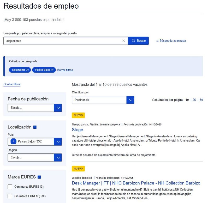 Captura de una búsqueda de ofertas de empleo en Holanda