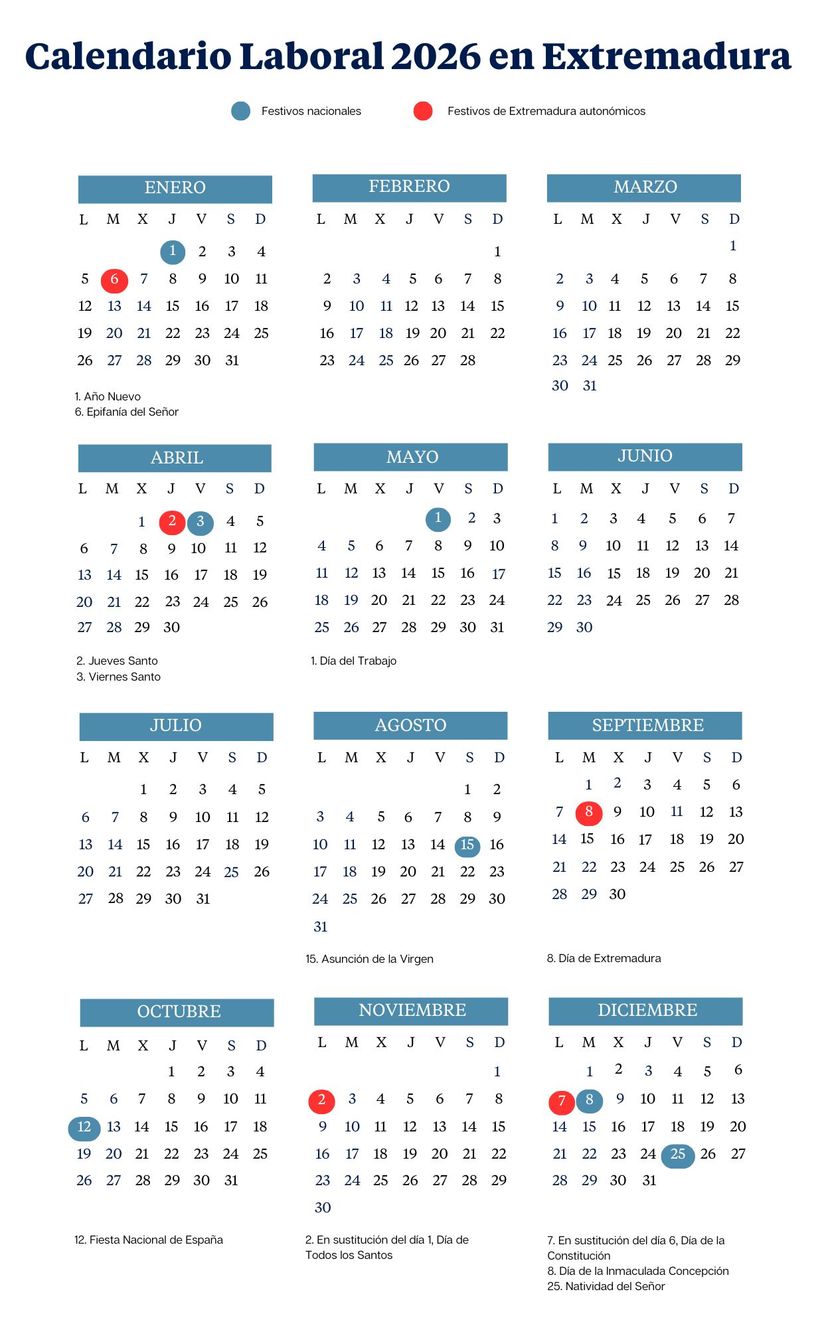 Calendario laboral de Extremadura en 2026