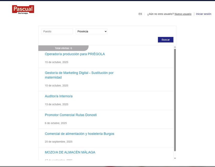 captura de las ofertas de empleo de pascual en su web