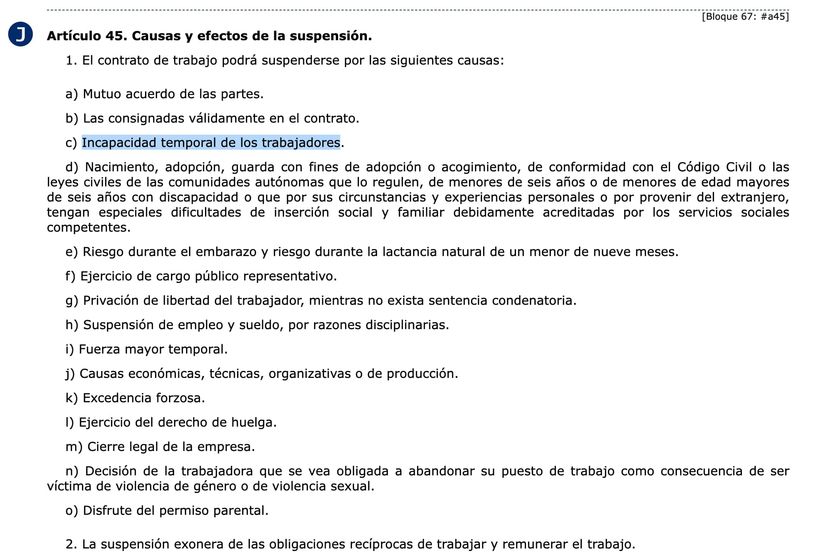 Artículo 45 del Estatuto de los Trabajadores