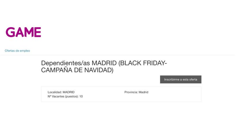 Captura del portal de empleo de GAME