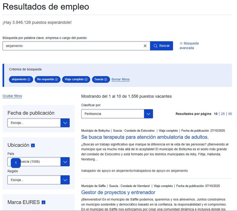 captura de los resultados de ofertas de empleo en suecia