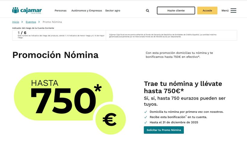 captura de la promocion en la pagina web de cajamar