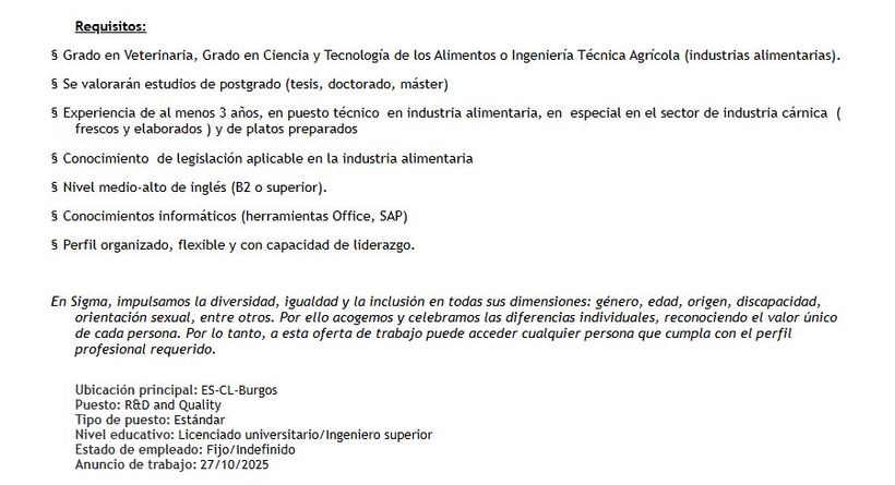 captura de los requisitos y condiciones del puesto de tecnico I+D