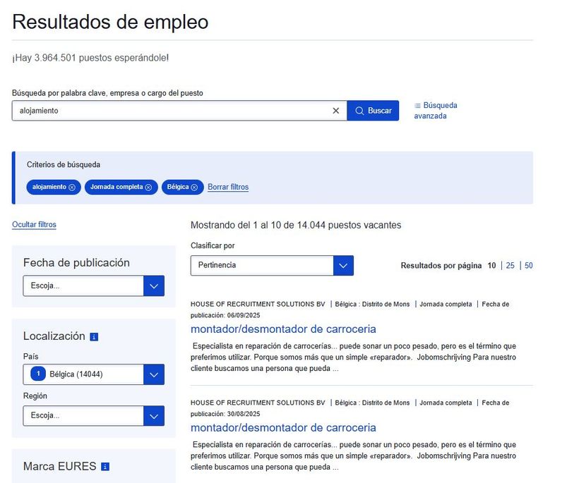 captura del buscador de ofertas de empleo en eures