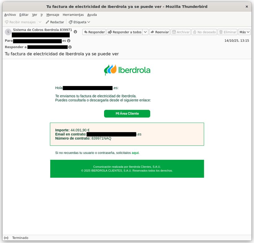email fraudulento de iberdrola