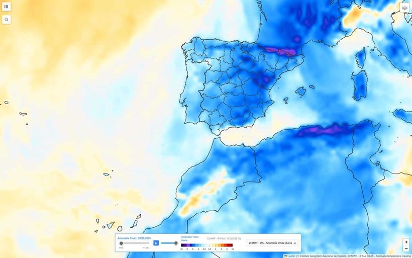 Mapa meteorológico de España con la bajada de temperaturas