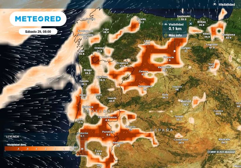 Mapa con la aparación de nieblas a primera hora de la mañana en Castilla y León