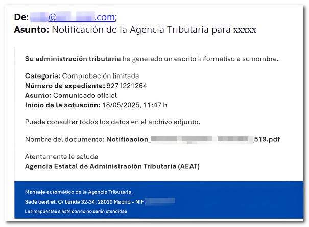 email de notificacion de la agencia tributaria